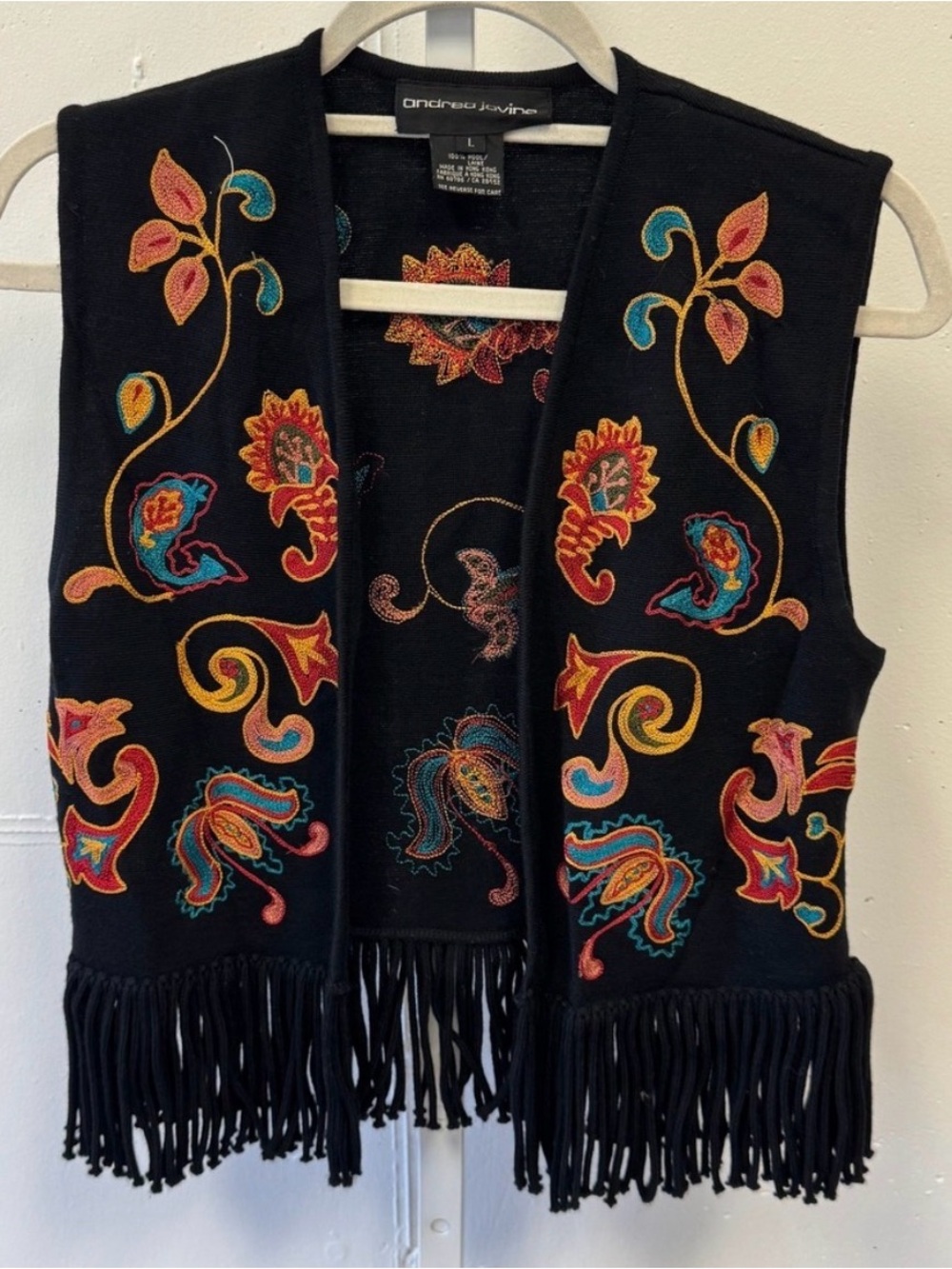 Vintage Andrea Jovine 100% Wool Embroidered Fringe Vest Black Floral Large